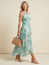 Alma | Pleated Halter Floral Midi Dress - Tillybelle