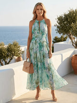 Alma | Pleated Halter Floral Midi Dress - Tillybelle
