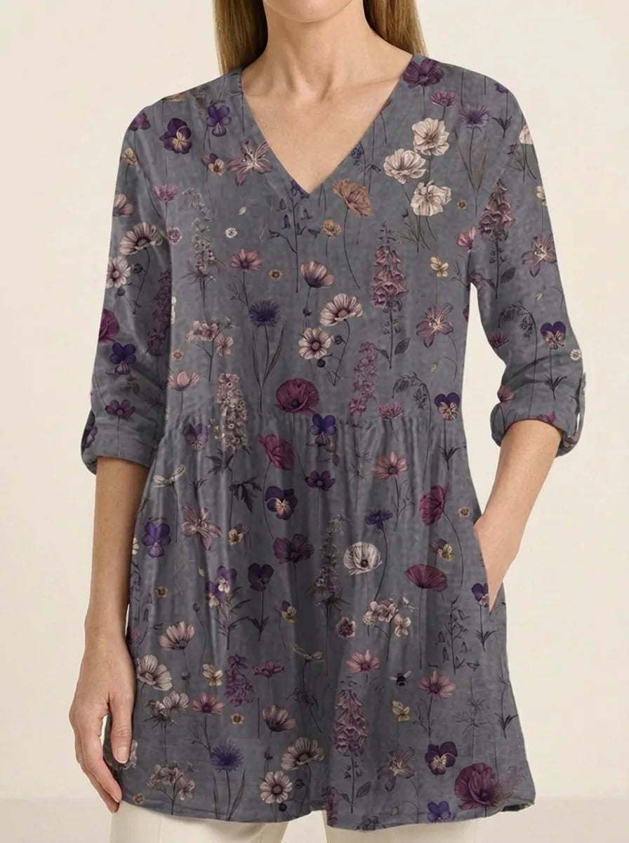Audrey | Long Sleeve Blouse with V-Neck - Gray - Tillybelle
