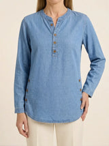 Avery | Long Sleeve Tunic Top with Button Detail - Blue - Tillybelle