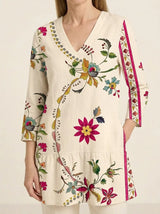 Clara | Long Blouse with V-Neck - Cream - Tillybelle