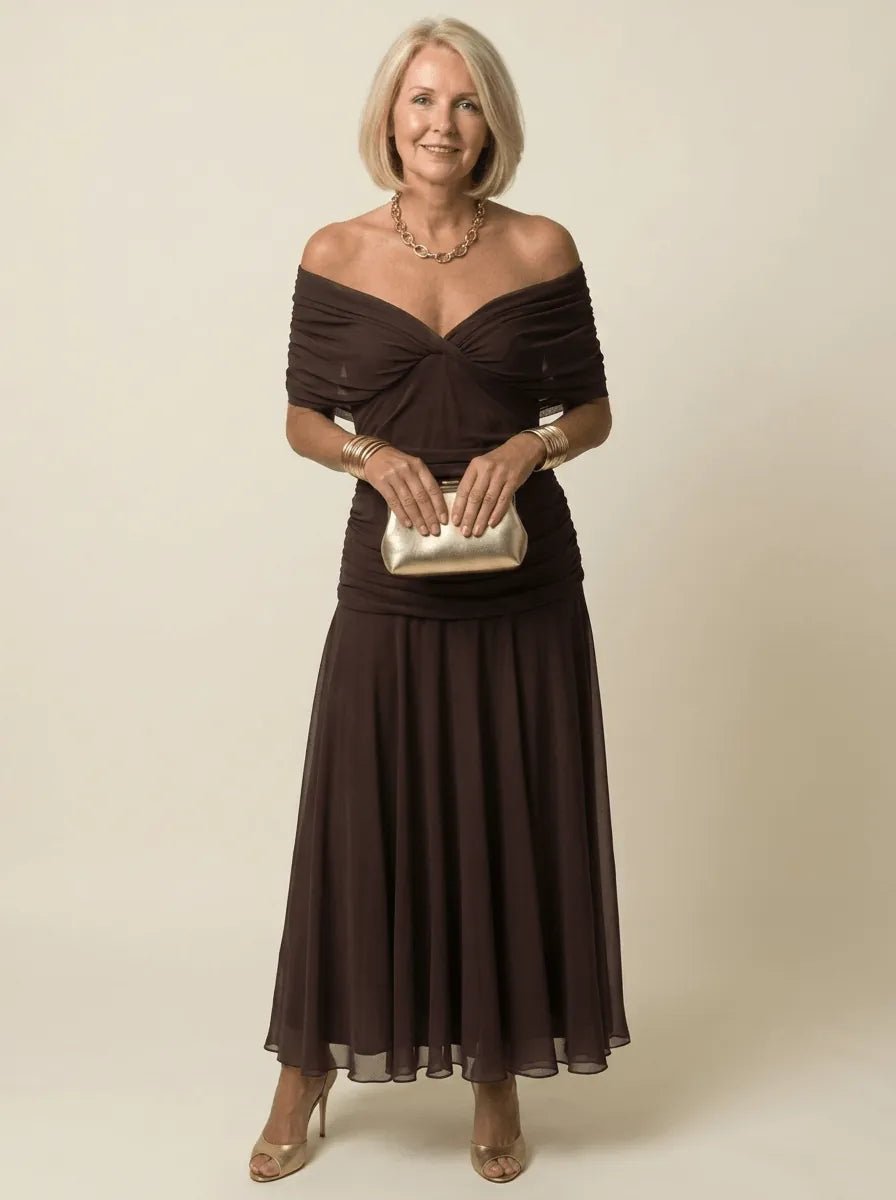 Clara | Off-Shoulder Gathered Midi Dress - Tillybelle