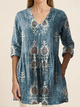 Elise | Long Blouse with V-Neck - Blue - Tillybelle