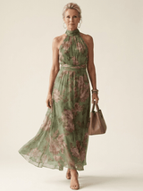 Elise Floral Gathered Halter Dress in Green, front walk