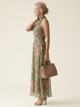 Elise Floral Gathered Halter Dress in Green, side profile