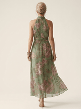 Elise Floral Gathered Halter Dress in Green, back view
