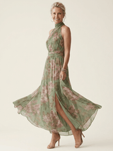 Elise Floral Gathered Halter Dress in Green, movement