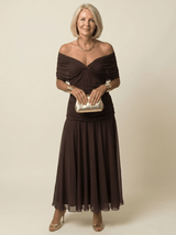 Clara Off-Shoulder Midi Dress in Brown, front