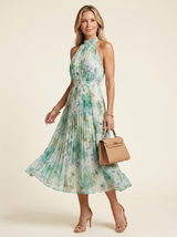 Alma Pleated Halter Floral Midi Dress three-quarter
