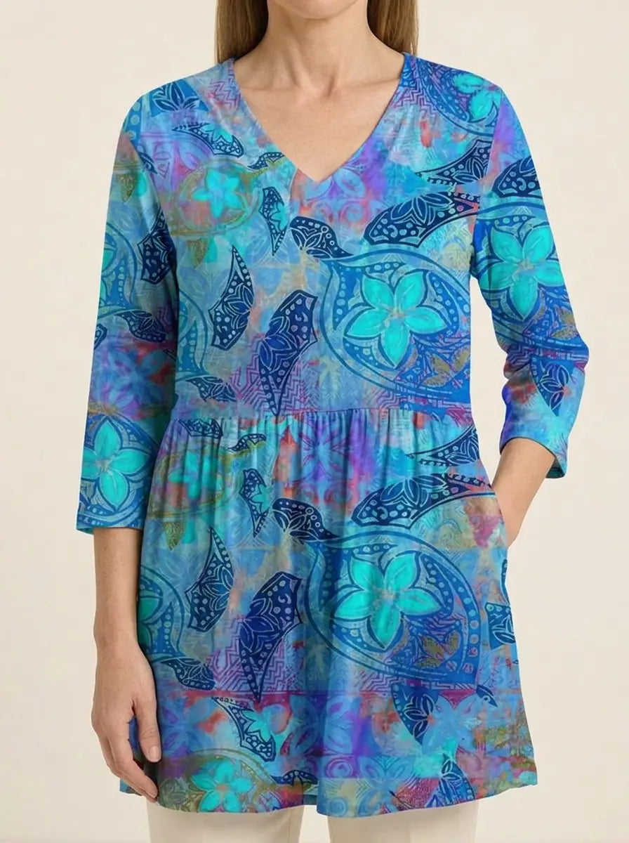 Juliette | Long Blouse with V-Neck - Blue - Tillybelle