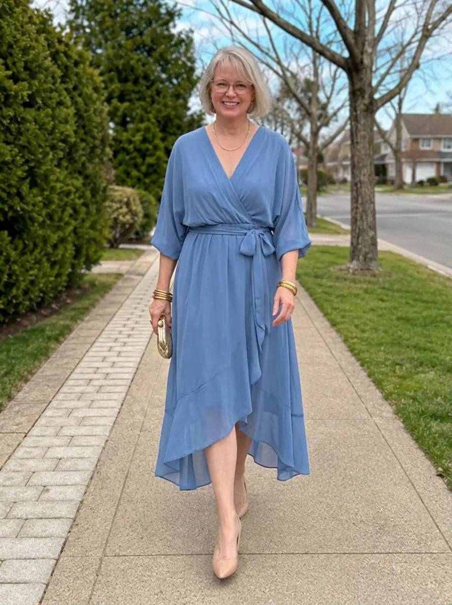 Louisa | Chiffon V-Neck Dress - Blue - Tillybelle