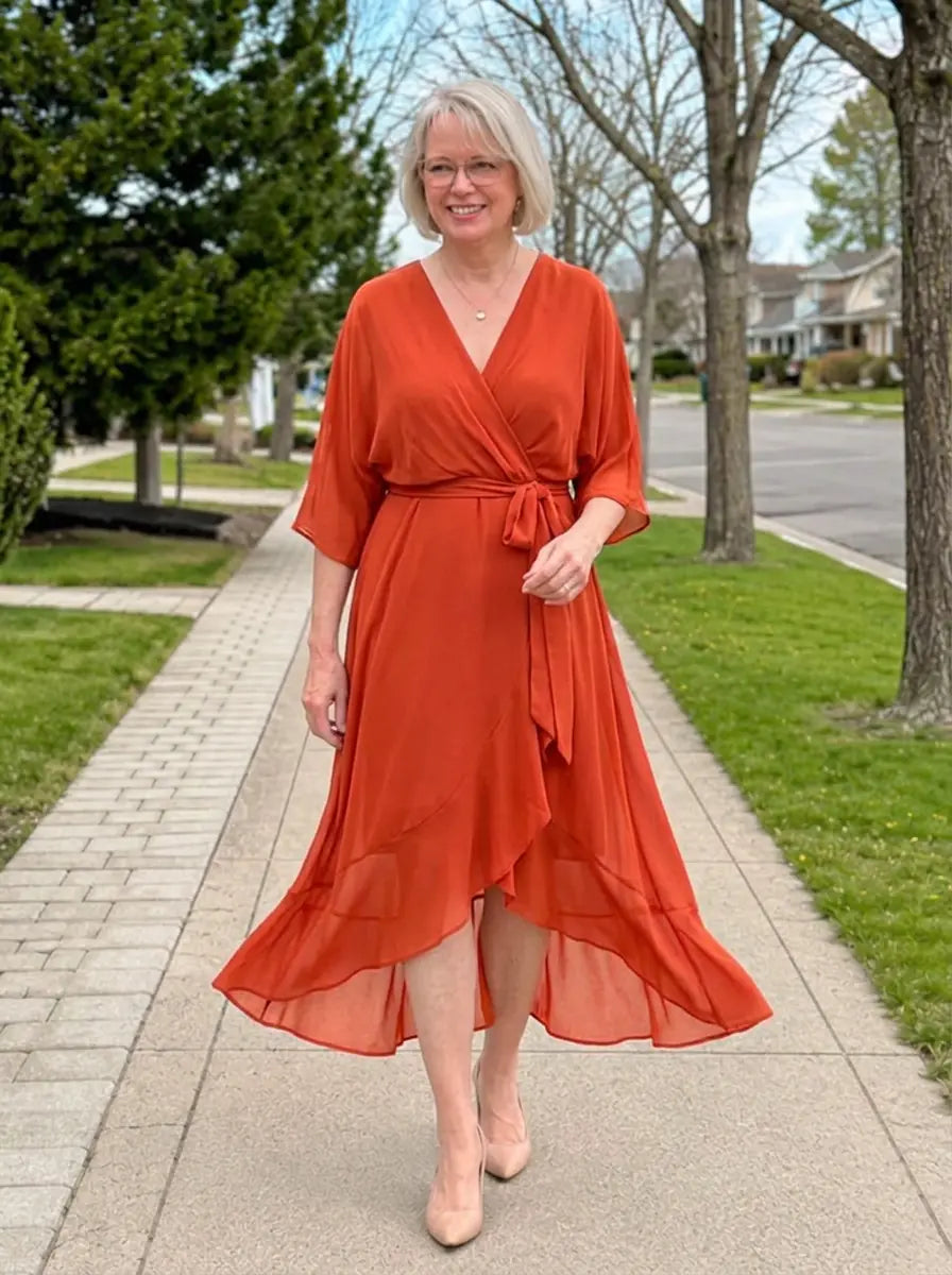 Louisa | Chiffon V-Neck Dress - Orange Red - Tillybelle