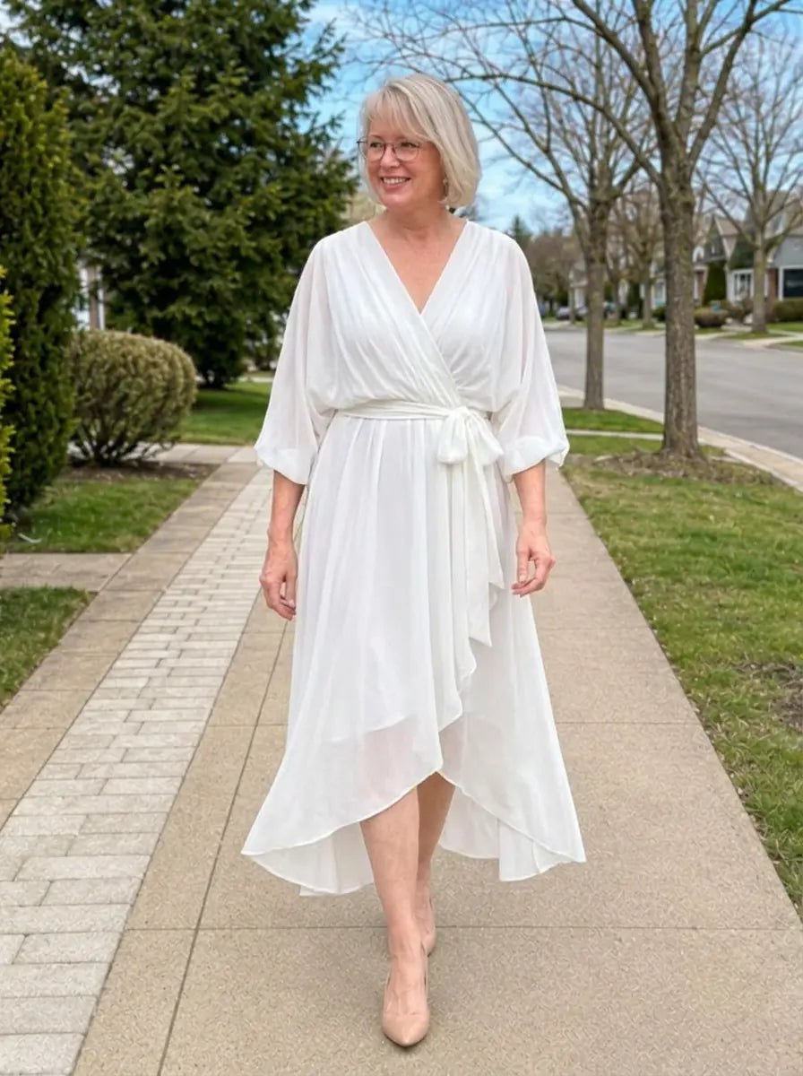 Louisa | Chiffon V-Neck Dress - White - Tillybelle