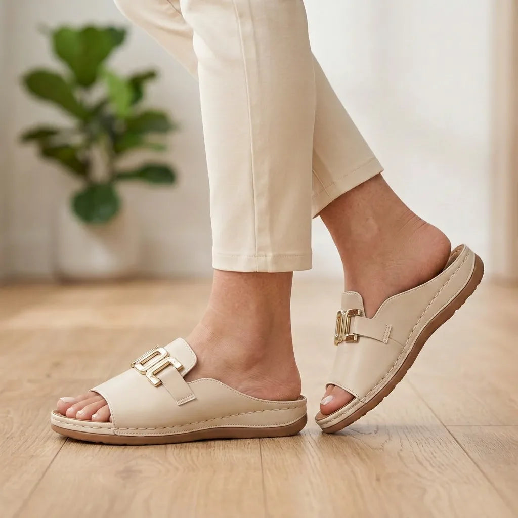 Monroe | Orthopedic Buckle Slide Sandals - Beige - Tillybelle