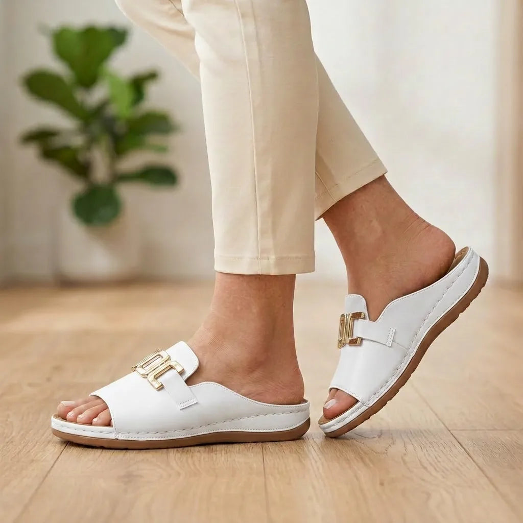 Monroe | Orthopedic Buckle Slide Sandals - White - Tillybelle