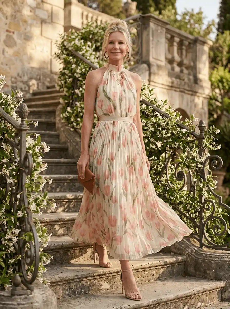 Neve | Halter Neck Floral Midi Dress - Tillybelle
