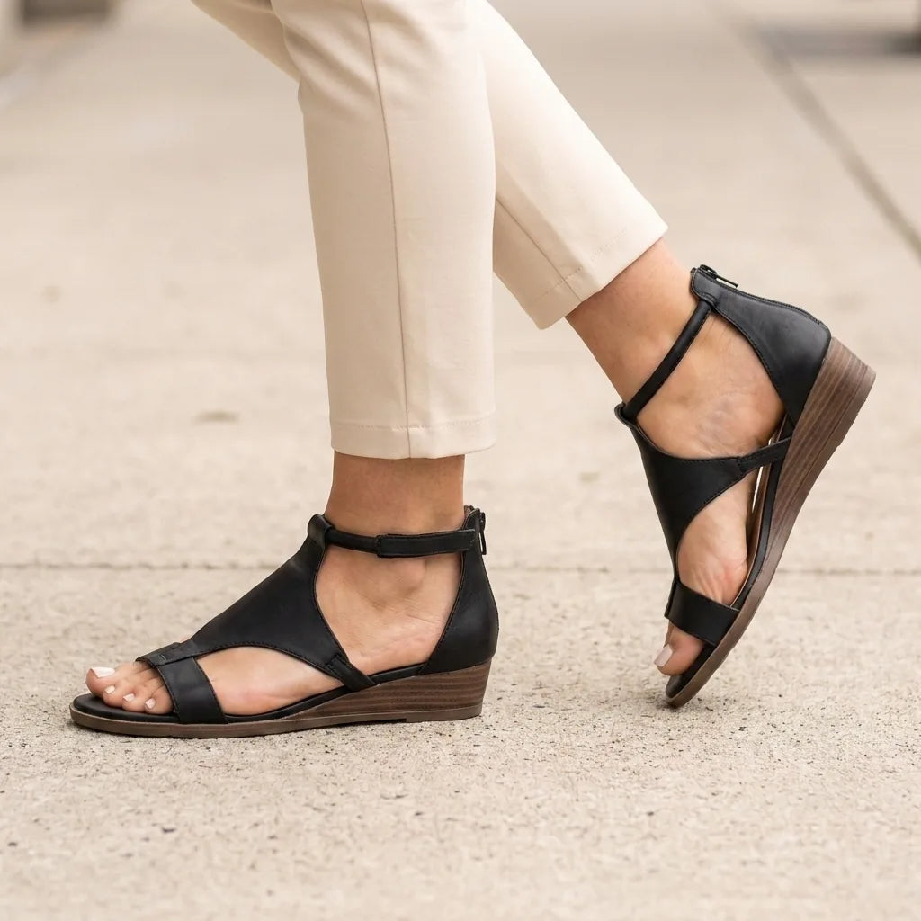 Rosalie | Orthopedic Ankle-Strap Wedge Sandals - Black - Tillybelle